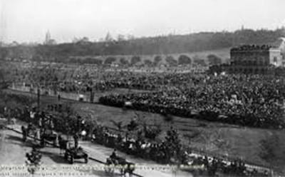 A vintage look at Nottingham Racecourse with huge crowds, in black and white