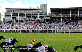The Grandstand at Salisbury Racecourse with a horse race in the foreground