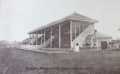 A view of the vintage Wetherby grandstand in black and white