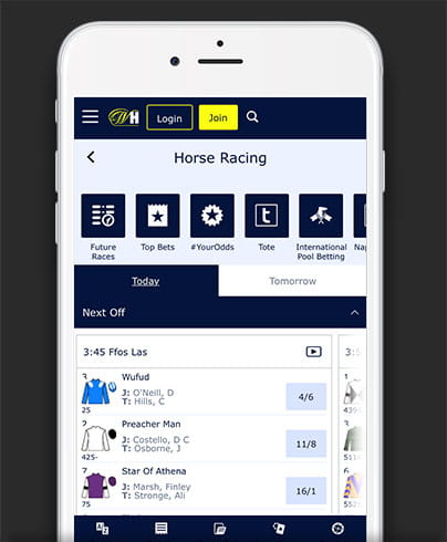 The horse racing home directory on the William Hill mobile app