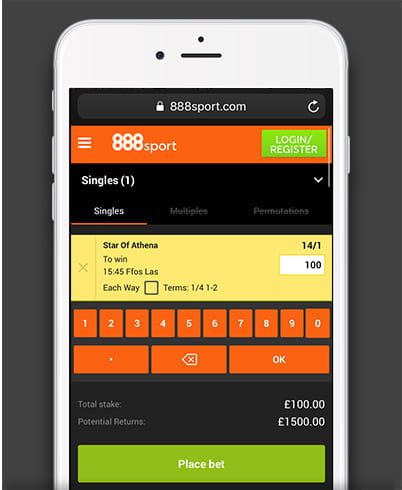 The 888sport app on iPhone showing a single selection with a stake ready to confirm