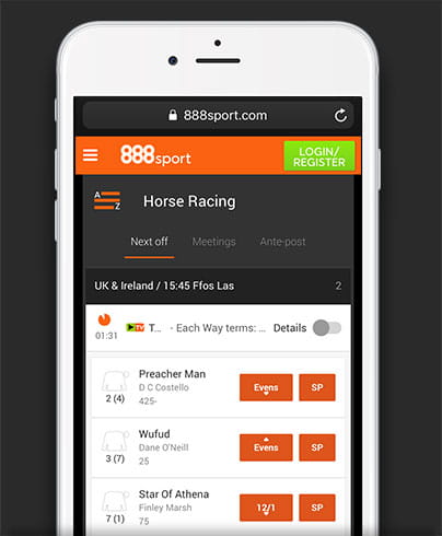 The 888sport app on iPhone showing the Horse Racing home page
