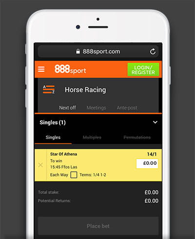 The 888sport app on iPhone showing the betslip and a single selection