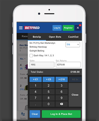 Confirming the stake and bet on the Betfred mobile betslip