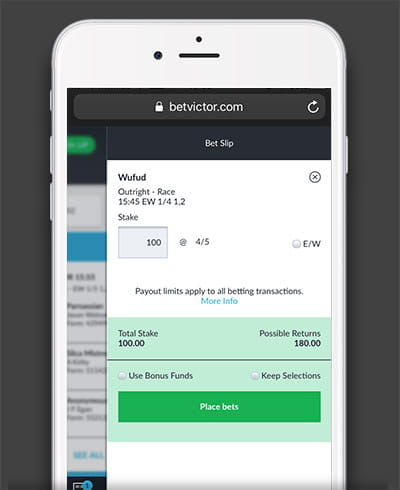 Betslip confirmation on BetVictor mobile platform