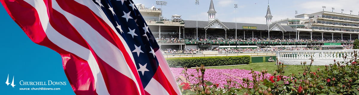 The Churchill Downs racecourse with the USA flag