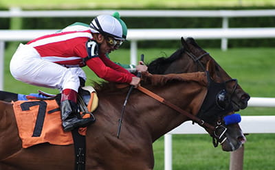 A modern Haydock Sprint Cup race with two horses jostling