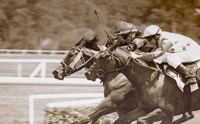A vintage July Durban Handicap race with a close-up of three horses