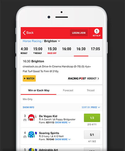 Step one of the bet placement process on Ladbrokes mobile app