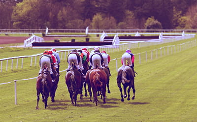 A vintage Ladbrokes Trophy race with a view of horses running