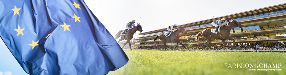 The longchamp racecourse draped with the European flag