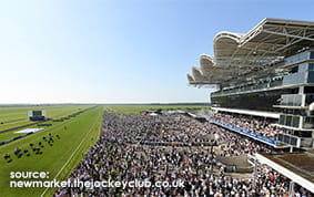 The Grandstand at Newmarket Racecourse with huge crowds 