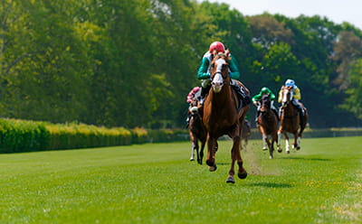 A modern Pegasus World Cup race with four horses running