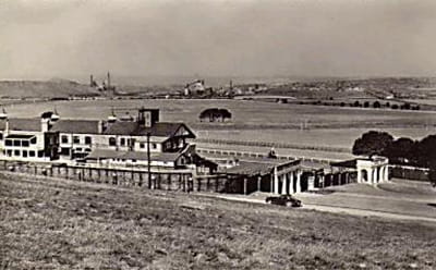 A vinatge view of the Pontefract Racecourse grandstand in black and white