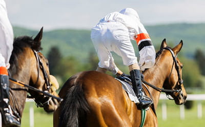 A modern day race at Salisbury Racecourse with two jockeys riding