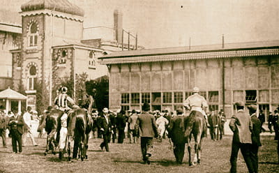 A vintage image of five riders at Taunton in black and white