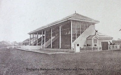 A view of the vintage Wetherby grandstand in black and white