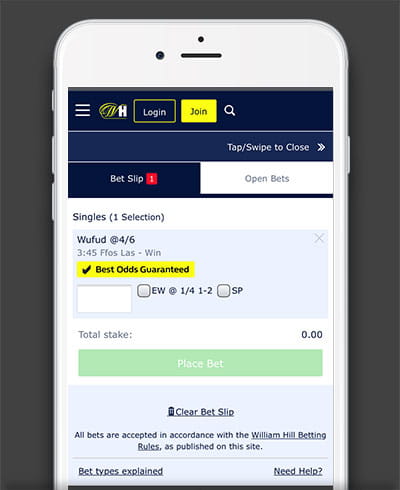 The bet selection screen for a single horse racing bet on the William Hill mobile app