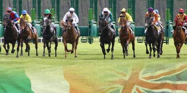 Horses leaving the gates at beginning of a race with a British and Irish flag lining the bottom of the picture