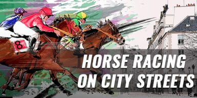 Graphic of horses racing through a city