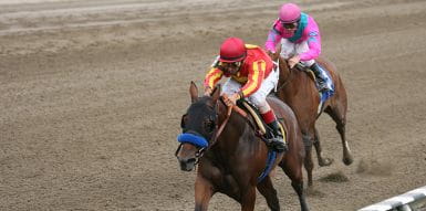 Two horses with riders racing on a track